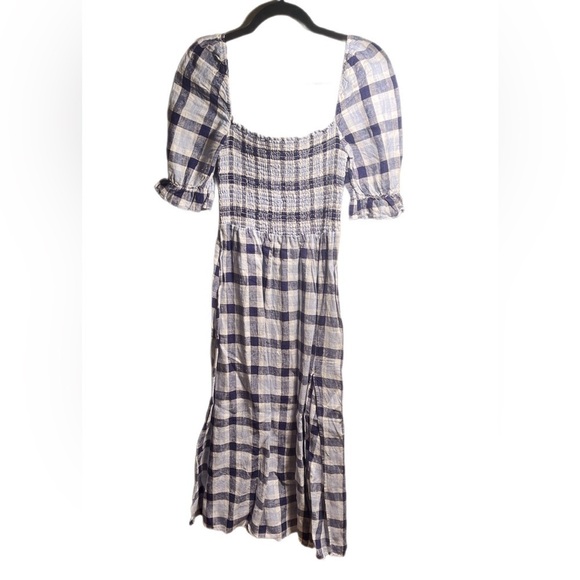 Reformation “Marbella” A-Line Short Sleeve Square Neck Blue Plaid Midi Dress XXS - Picture 3 of 4